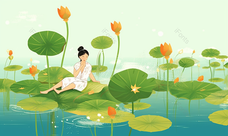 绿色夏天旅行的女孩和池塘荷叶荷花背景,插画/手绘图,插画/手绘图库,插画/手绘图下载,插画/手绘